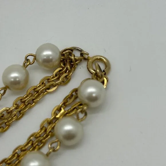 Vintage Faux Pearl Necklace Triple Strand Gold-Tone Chain Tassel Pendant 1970s - Picture 12 of 13